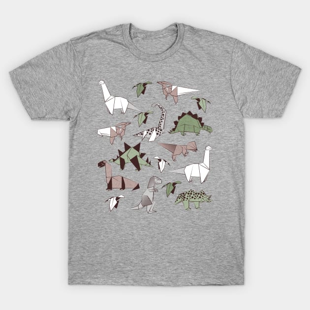 Origami dino friends // print // green white and beige dinosaurs T-Shirt by SelmaCardoso